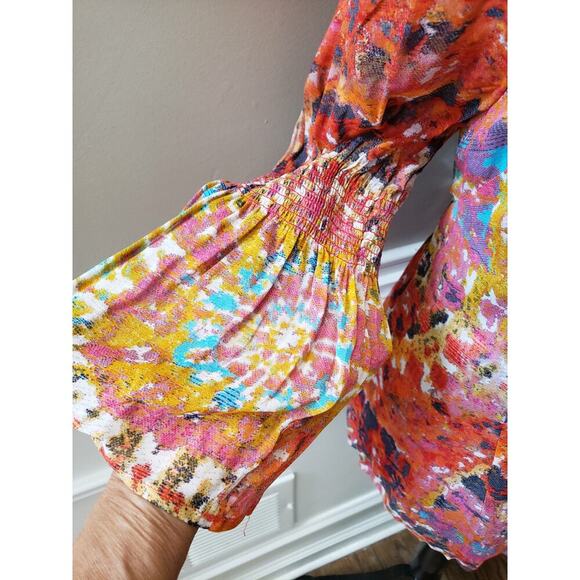 Women's Ecru Floral Print Square Neck Long Sleeve Top Size L Pullover Outdoor - Picture 6 of 12